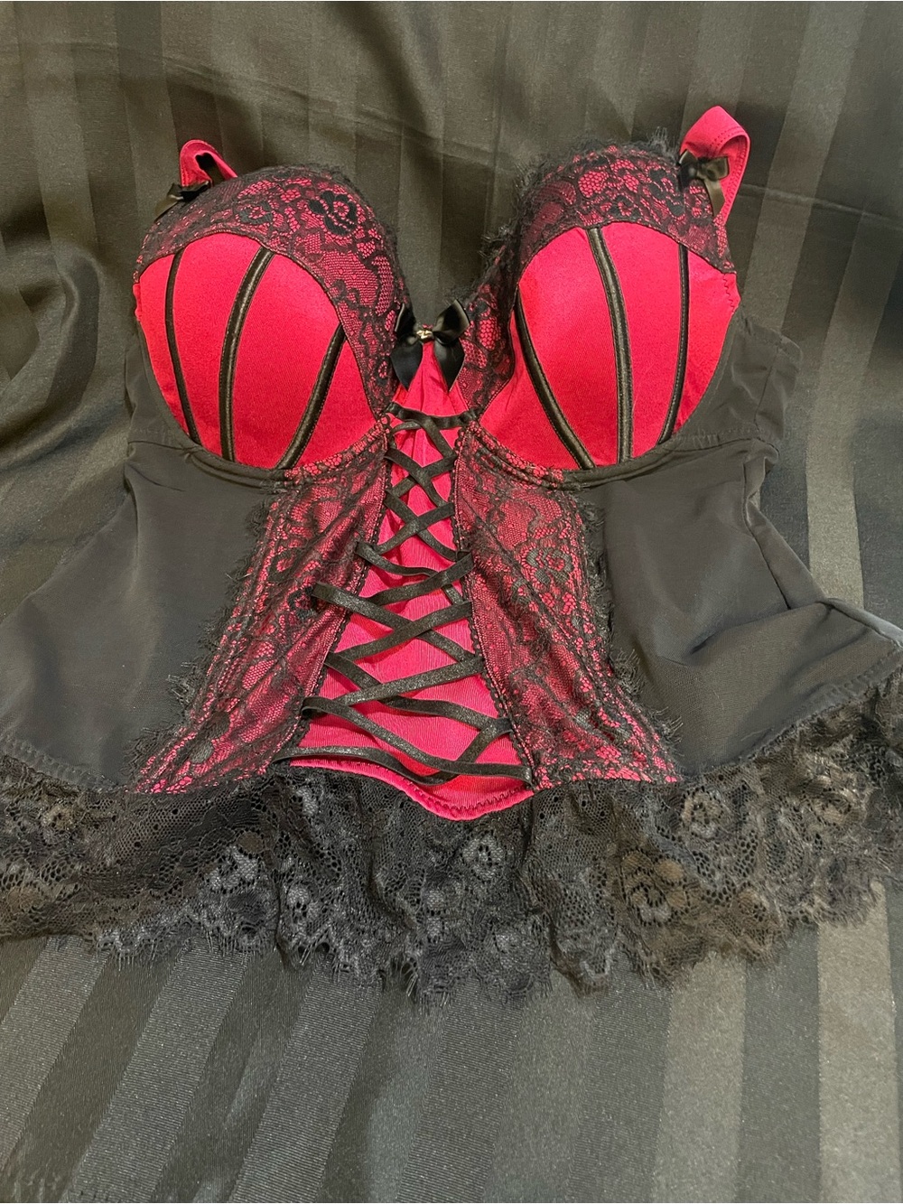 Burgundy Red and Black Lace Bustier SET - Women Intimates